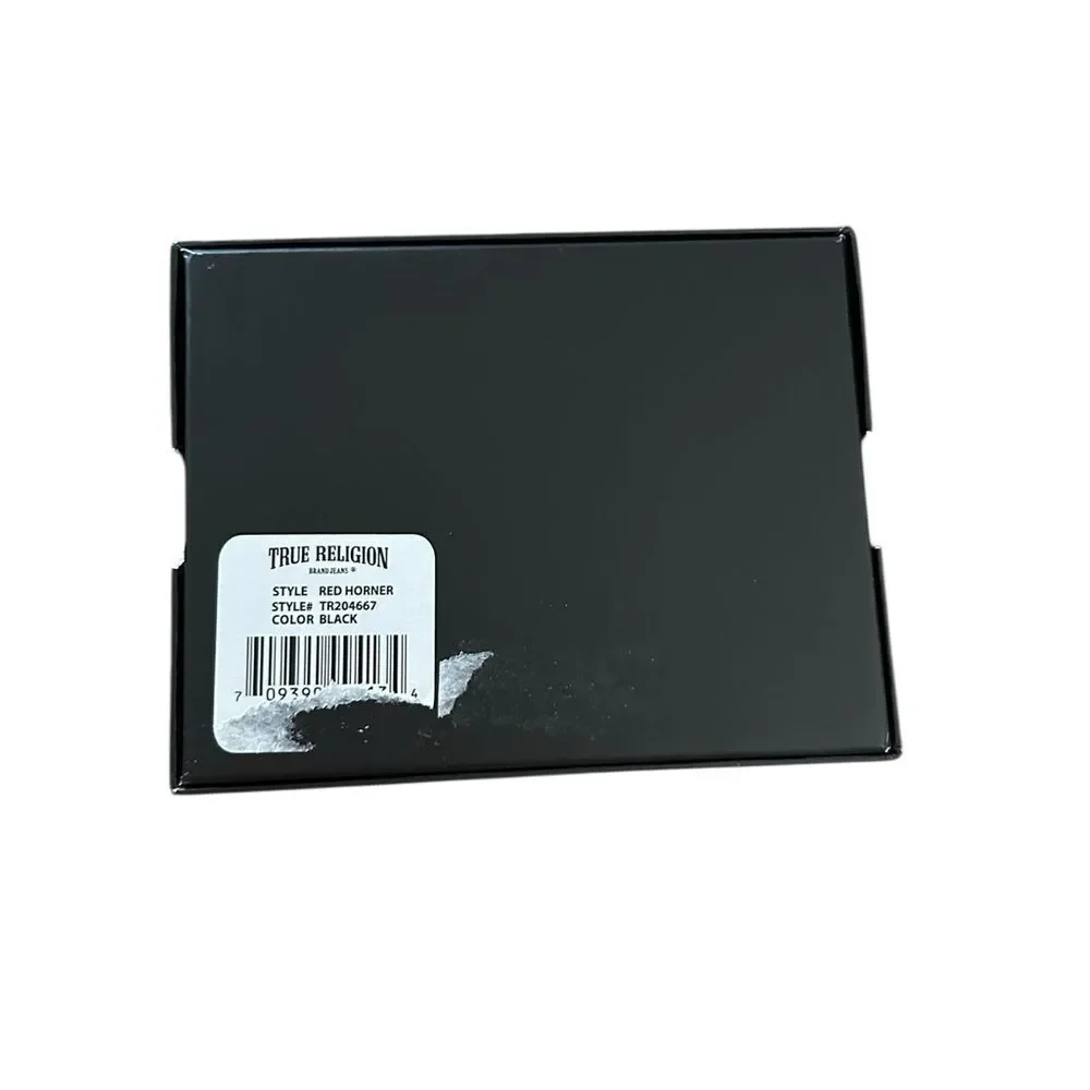 New TRUE RELIGION Slim Bifold Wallet Leather Logo Black Boxed ID Horner RFID‎ X